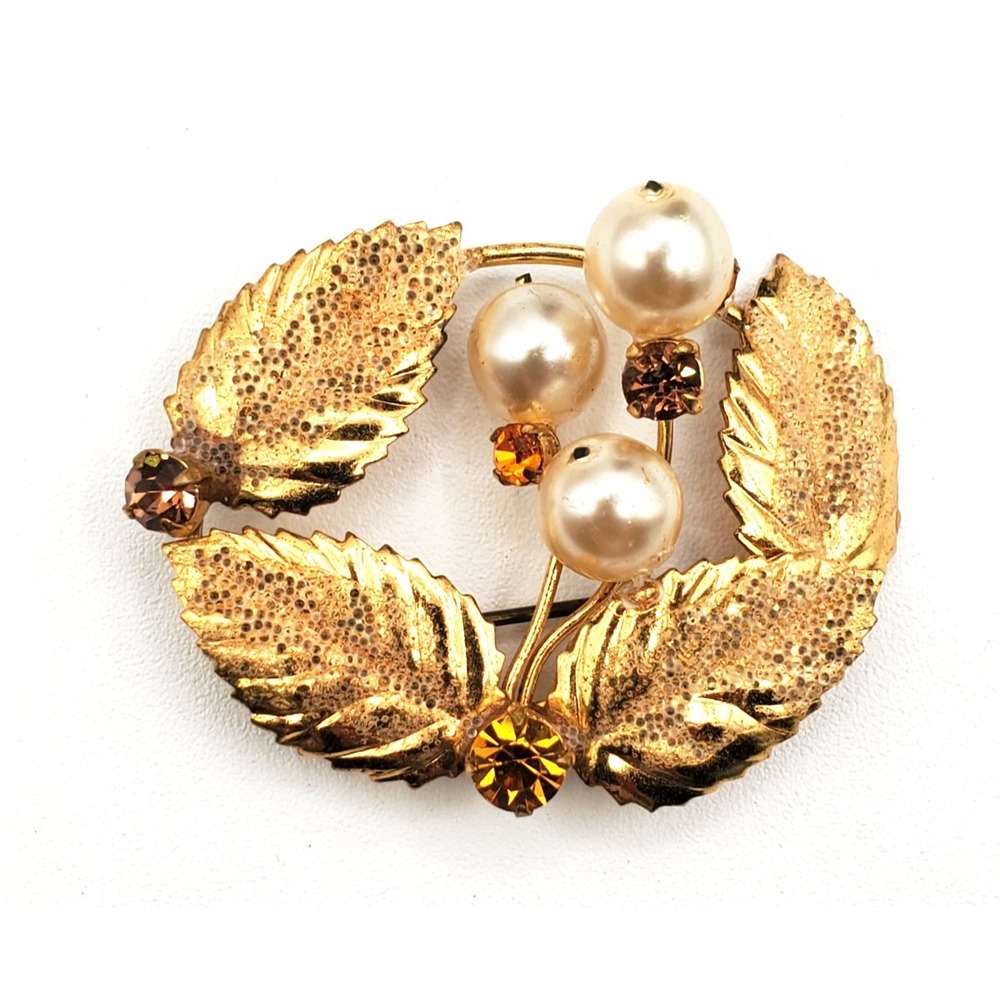 Vintage Austrian Crystal Gold Tone Faux Pearl Leaf Brooch